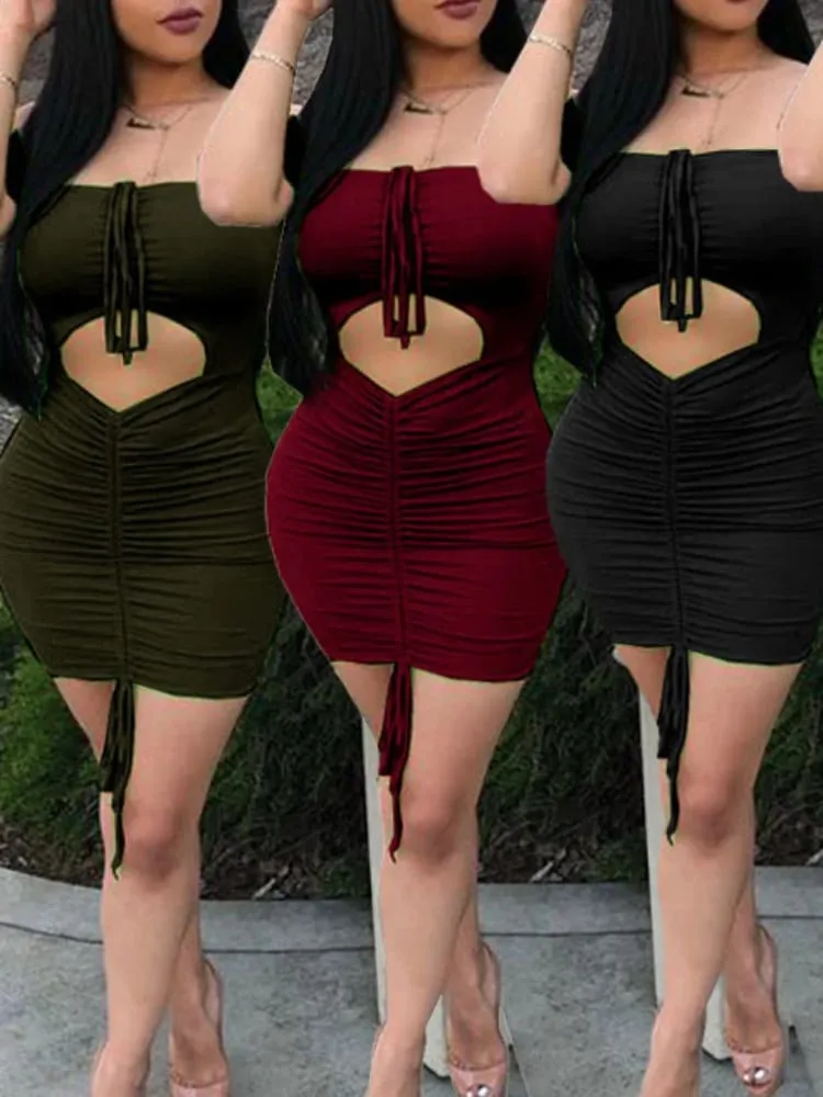 Sexy Off Shoulder Front Hollow Out Drawstring Elastic Slim Bodycon Dress Women Skinny Mini Dress Evening Club Party Vestidos