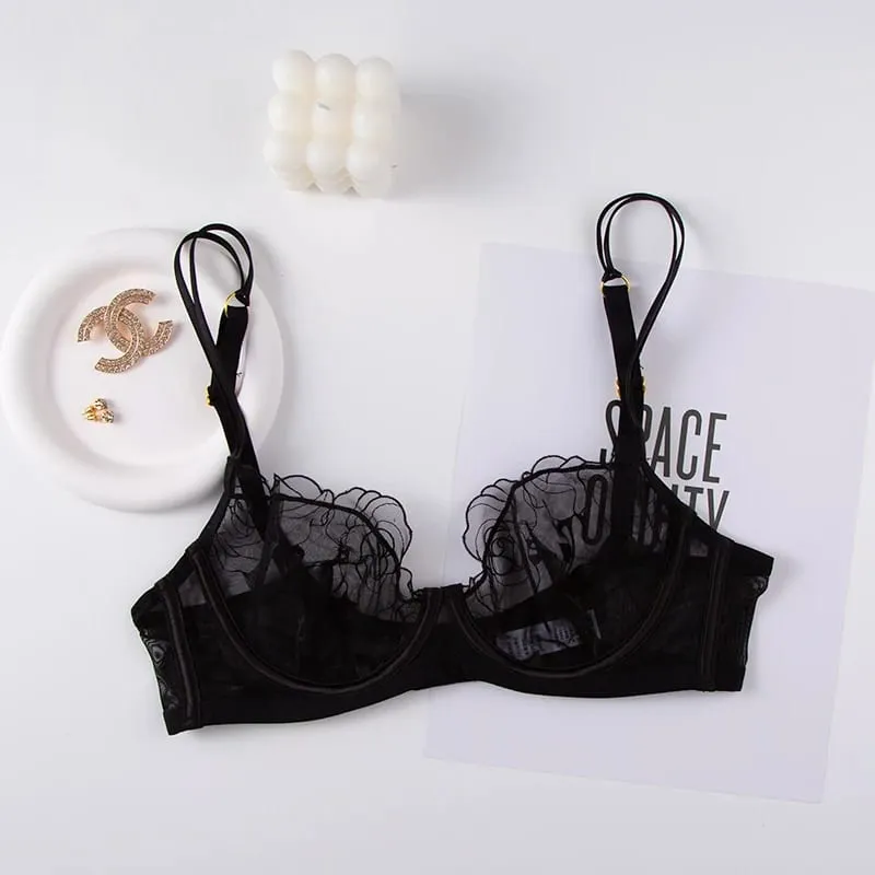 French Sexy Half Cup Transparent Underwear Women's Ultra-thin Mood Lace Bra Set Together Big Breasts Show Small Bra — image 9