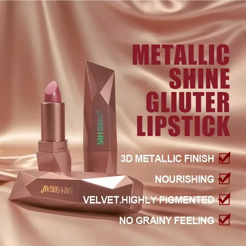 Diamond Glitter Lipstick Long Lasting Waterproof Moisturizing Highly Pigmented Metallic Shine Pearlescent Non Stick Cup Lipstick — image 3