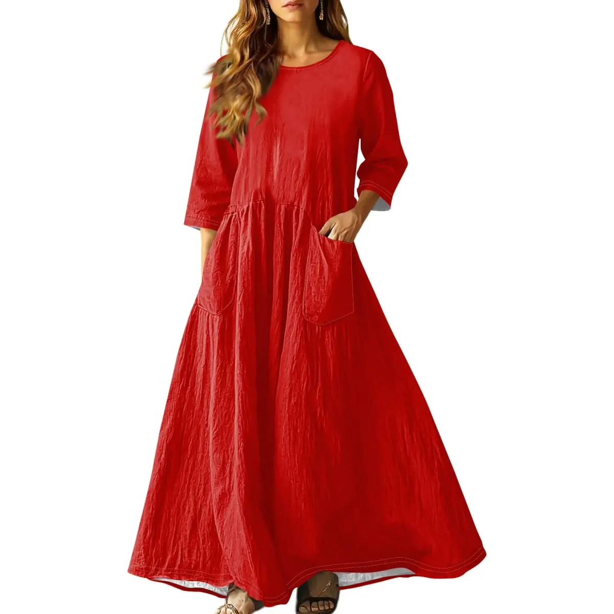 Women's Summer Loose Long Dresses Solid Color Three-quarter Sleeve Double Pocket Dress Loose Round Neck Linen Dress Vestidos — image 1