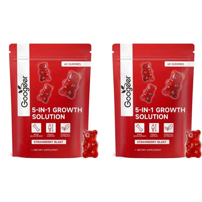 Googeer Solution de croissance 5 en 1 Gummies pour le développement osseux et le soutien de la taille Vitamine D3 K2 Calcium Strawberry Blast 60 Gummies