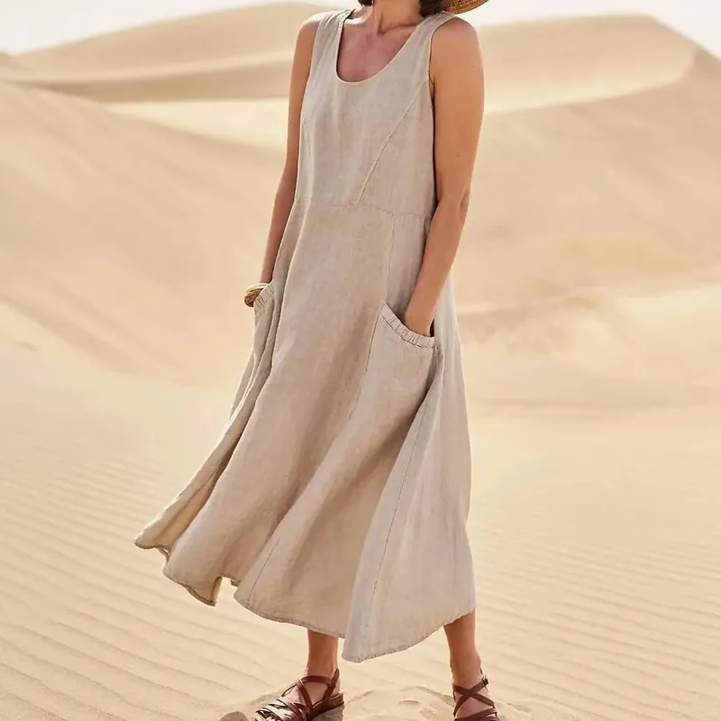 Women Coton Linen Sundress Summer Female Sleeveless Double Big Pocket Loose Sand Beachwear Long Dress Oversized S-5XL LRFZ-818 — image 14