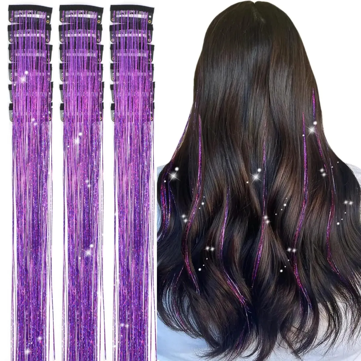 20 Inch Glitter Tinsel Hair Extensions with Clips In 6Pcs/Set Synthetic Clip in Sparkle Fairy Hair Accessories for Women Kids