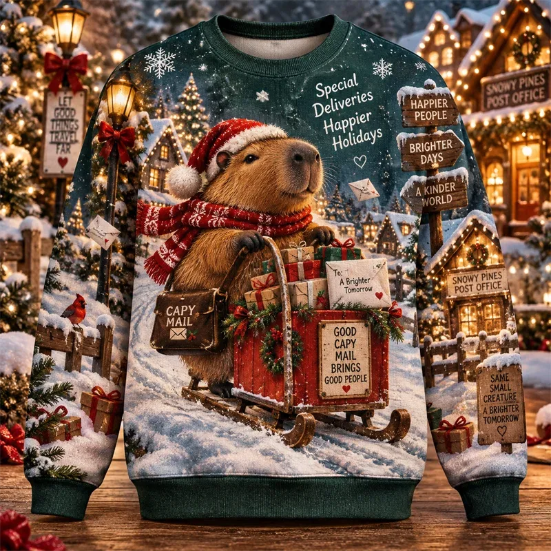 Capybara Christmas Sweater Funny Animal Holiday Graphic Crewneck Xmas Pullover Winter Party Gift Casual Streetwear Festive Top — image 9
