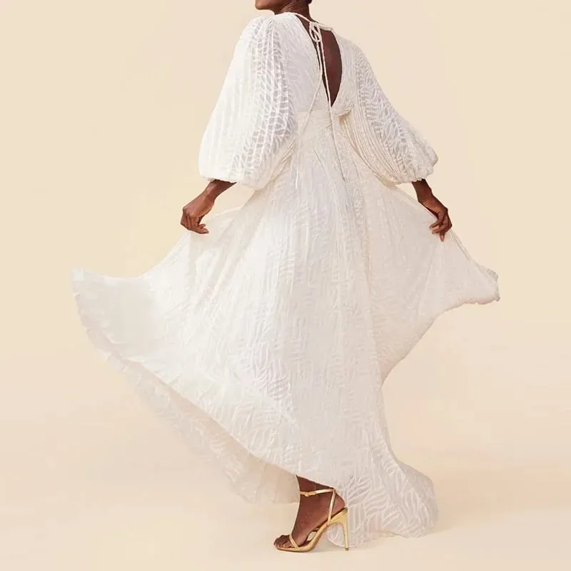 Elegant V-neck Jacquard Swing Long Dress Women Casual Lantern Sleeve Loose Party Dress Fashion Hight Waist Pleated Evening Dress
