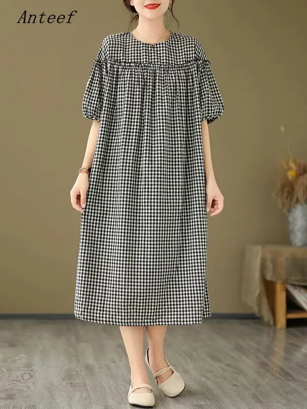 short sleeve oversized cotton linen vintage plaid new in dresses for women casual loose long summer dress elegant clothing 2026