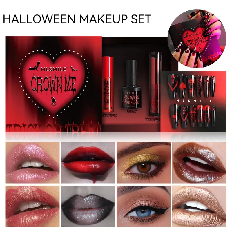 Halloween Makeup Set with Fake Blood Lip Tint Eyeshadow &3D Self-Adhesive Nail Art Stickers Special Effects Makeup Set Party SFX — image 2