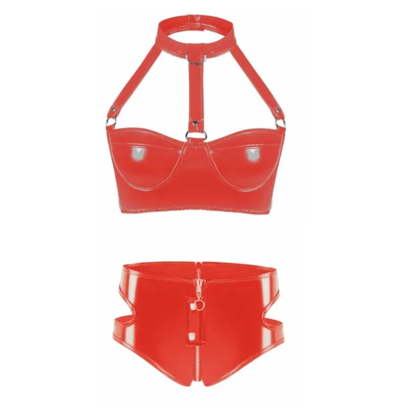Womens Lingerie Intimates Underwear Set Rave Wet Look Patent Leather Wire-free No Padded Belly Bra Top with Zipper Panty Briefs — image 6