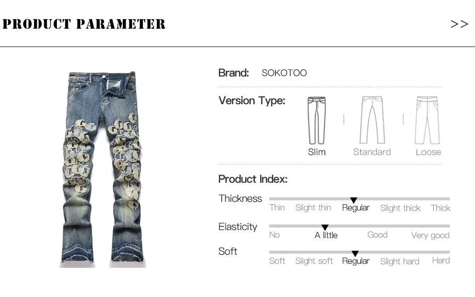 Men Letters Patch Embroidery Denim Jeans Streetwear Release Hem Distressed Pants Retro Vintage Blue Slim But Cut Flared Trousers — image 7