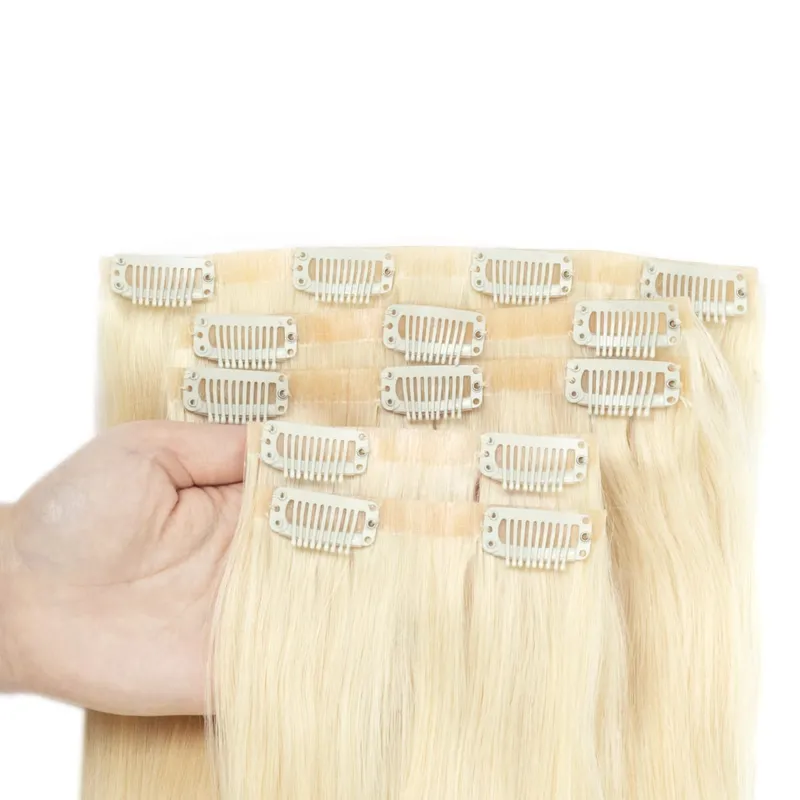 Bezešvé PU prodlužování vlasů Clip In Skutečné přírodní Neviditelné PU pásky Útkové Clip Ins Stroj Remy 12-24inch Invisible Clip Ins 7PCS