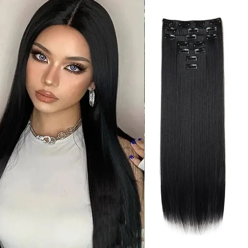 Synthetic 7 Pcs/Set Clip in Hair Extensions Natural Soft Hair Extensions 24 Inch Premium Long Straight Hairpieces for Women — image 1