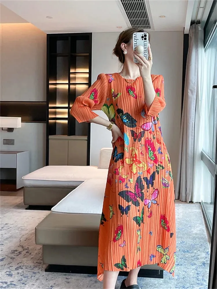 Miyake Long Dress Pleated Evening Dresses Printed Female Summer Pleated Joker Fashion Light Luxury Elegant Ladies Style Dress — image 5