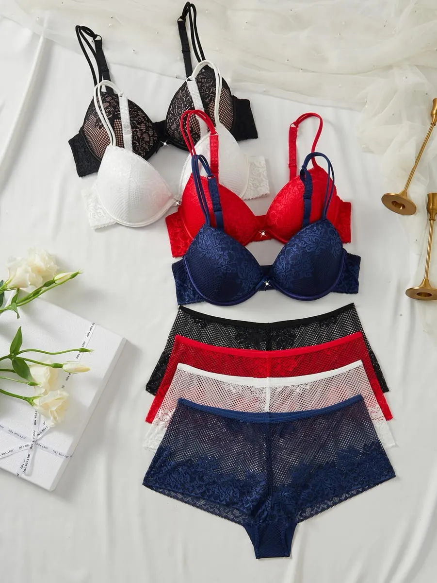 Ensemble de sous-vêtements pour femmes, 4 pièces, soutien-gorge Push Up en dentelle florale, culotte transparente et respirante, élégante, confortable, Lingerie Sexy