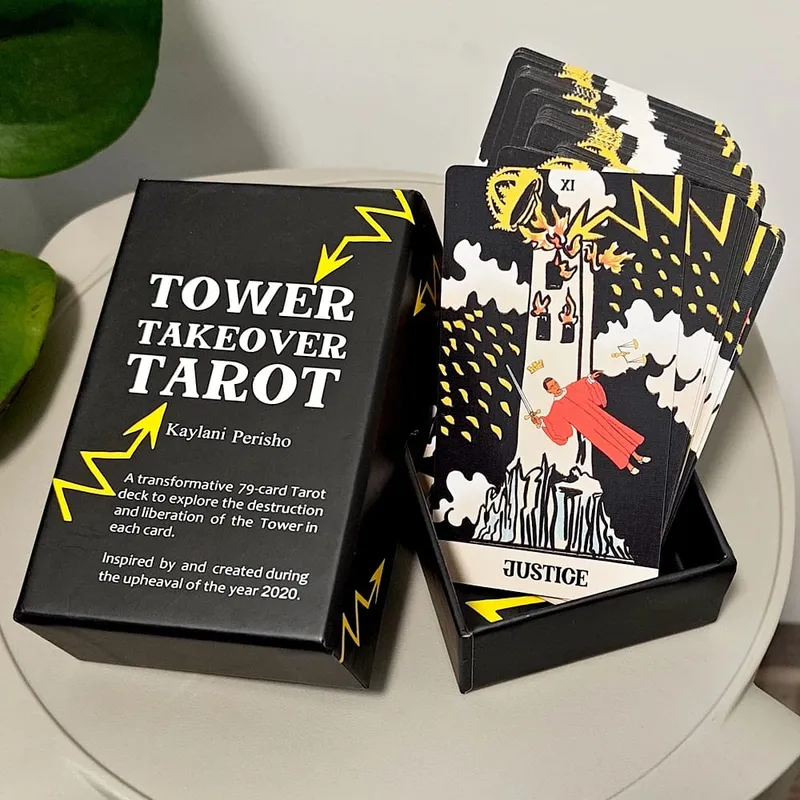 12*7 cm-es Tower Takeover Tarot Pakli merev dobozban Egyedi, 79 kártyás Tarot készlet átalakuláshoz és felszabaduláshoz, dupla dombornyomással