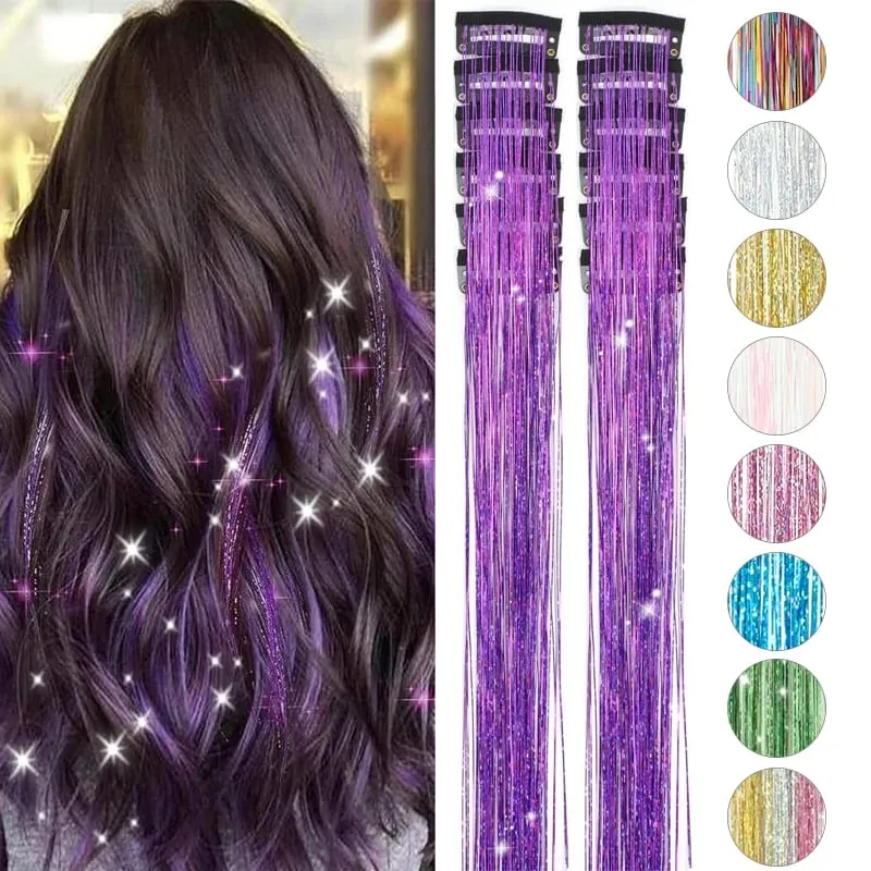 12Pcs Purple Clip in Tinsel Hair Extensions Hairpiece Colored Hair Tinsel Kit Party Highlights Hair Accessories for Women&Kids