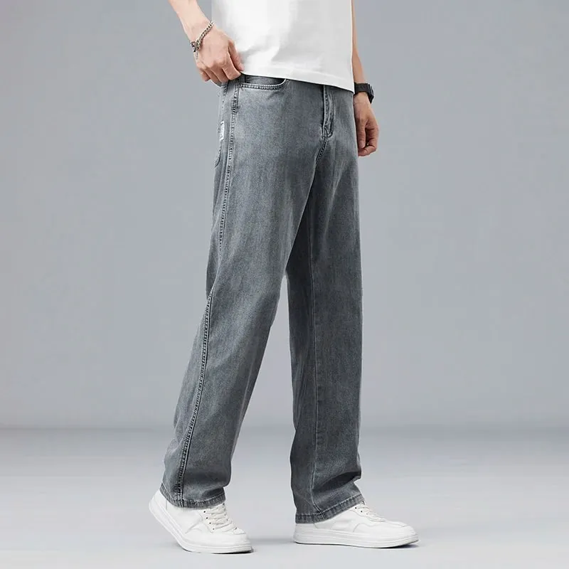 Summer Ultra-thin Lyocell Men's Jeans Drape Soft Fabric Loose Straight Casual Denim Pants Elastic Ice Silk Male Trousers — image 2