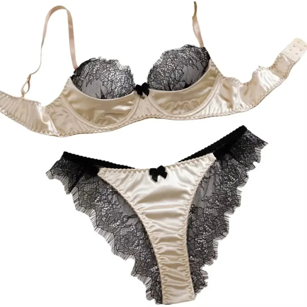 Satin Stoff Wimpern Spitze Patchwork Ultradünne Ungefütterte BH-Sets Unterwäsche mit Bügel Sexy Dessous Frauen Büstenhalter — image 2