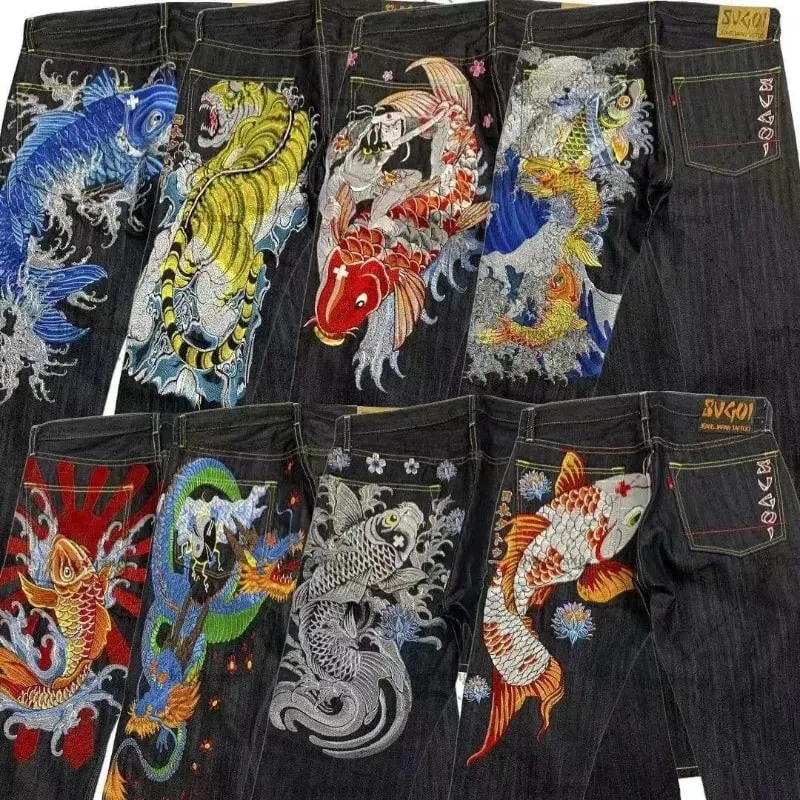 Japanese hip-hop Brocade carp printed jeans same style couple washed high waist retro casual loose ins straight wide leg pants — image 4