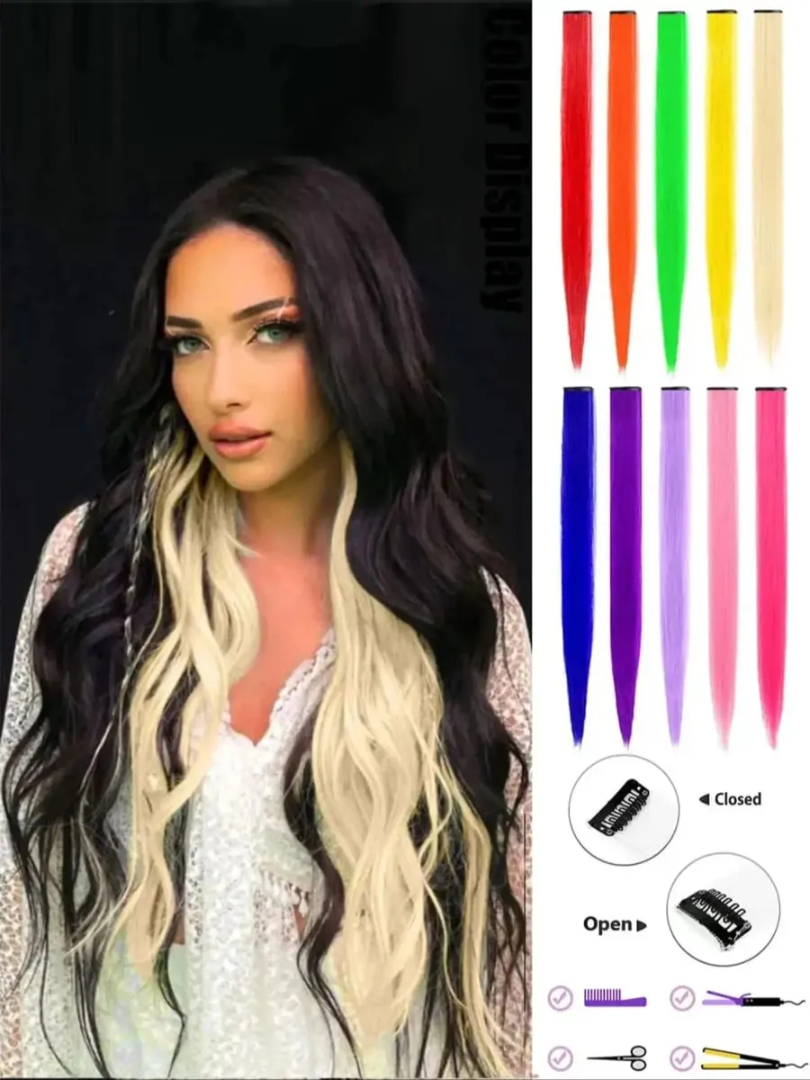 10 PCS Colored Hair Extensions Straight Hairpiece Multi-colors Party Highlights Clip in Synthetic for Women Girls Cosplay Gift — image 7
