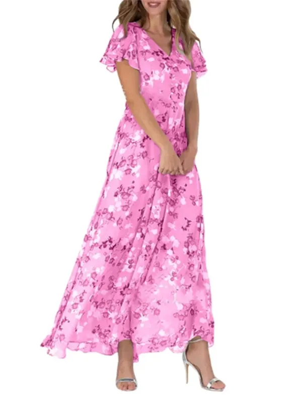 Women Elegant Ruffle Short Sleeve V Neck Pullover Dresses Sweet Style Small Flower Print High Waist Dress Female New Casual Gown — image 5