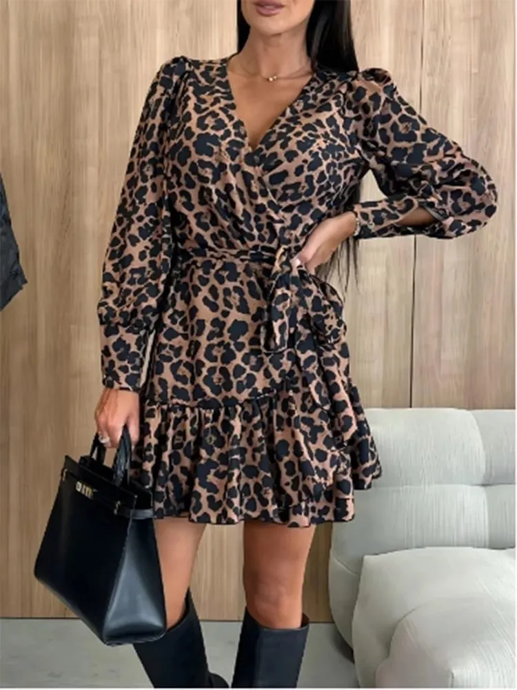 Women's Leopard Printed Dresses V-Neck Lace Up Bubble Long Sleeved Sexy Dress Elegant Dating Autumn Mini Dress — image 4