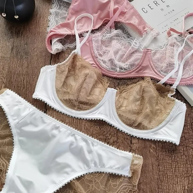 Sexy Women Underwear Set French Ultra Thin Bra Set Patchwork Silk Lingerie Comfortable Breathable Underwie Bras and Panties Set — image 1
