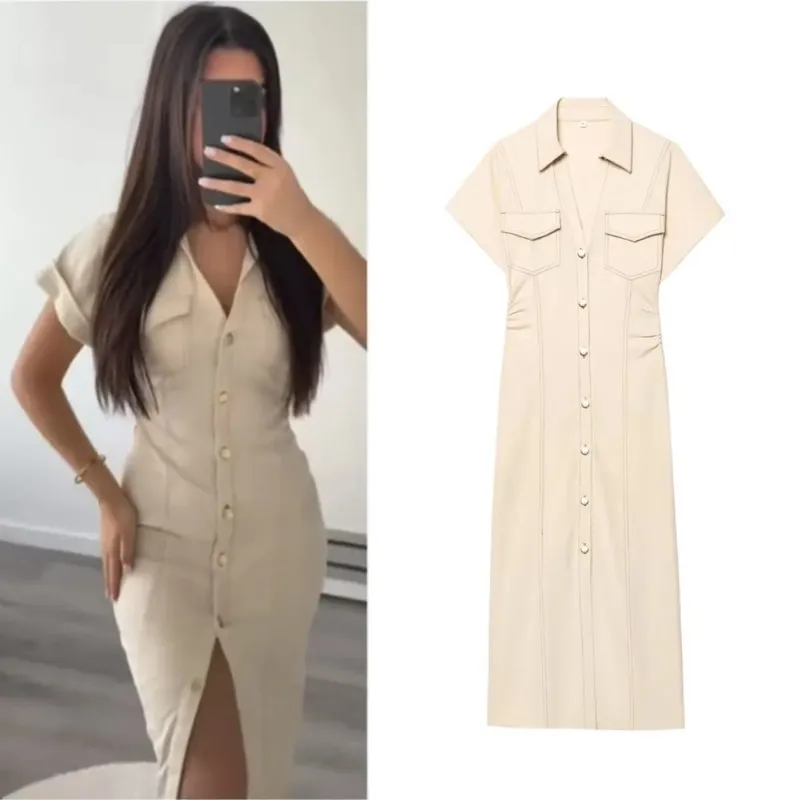 ETJ 2025 Spring New 1975 series denim MIDI dress with lapel side zipper fashion wrinkle waist slim elegant dress