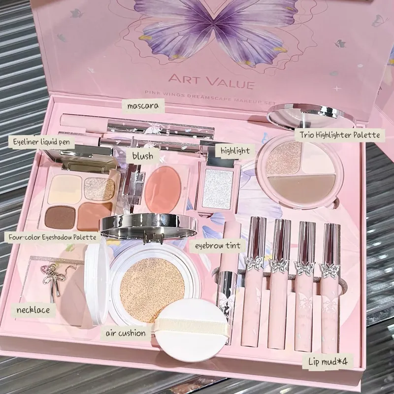 Luxury Makeup Set Pink Butterfly Cosmetic Kit Eyeshadow Palette Lip Tint Blush Mascara Eyeliner Highlighter Beauty Makeup Gift