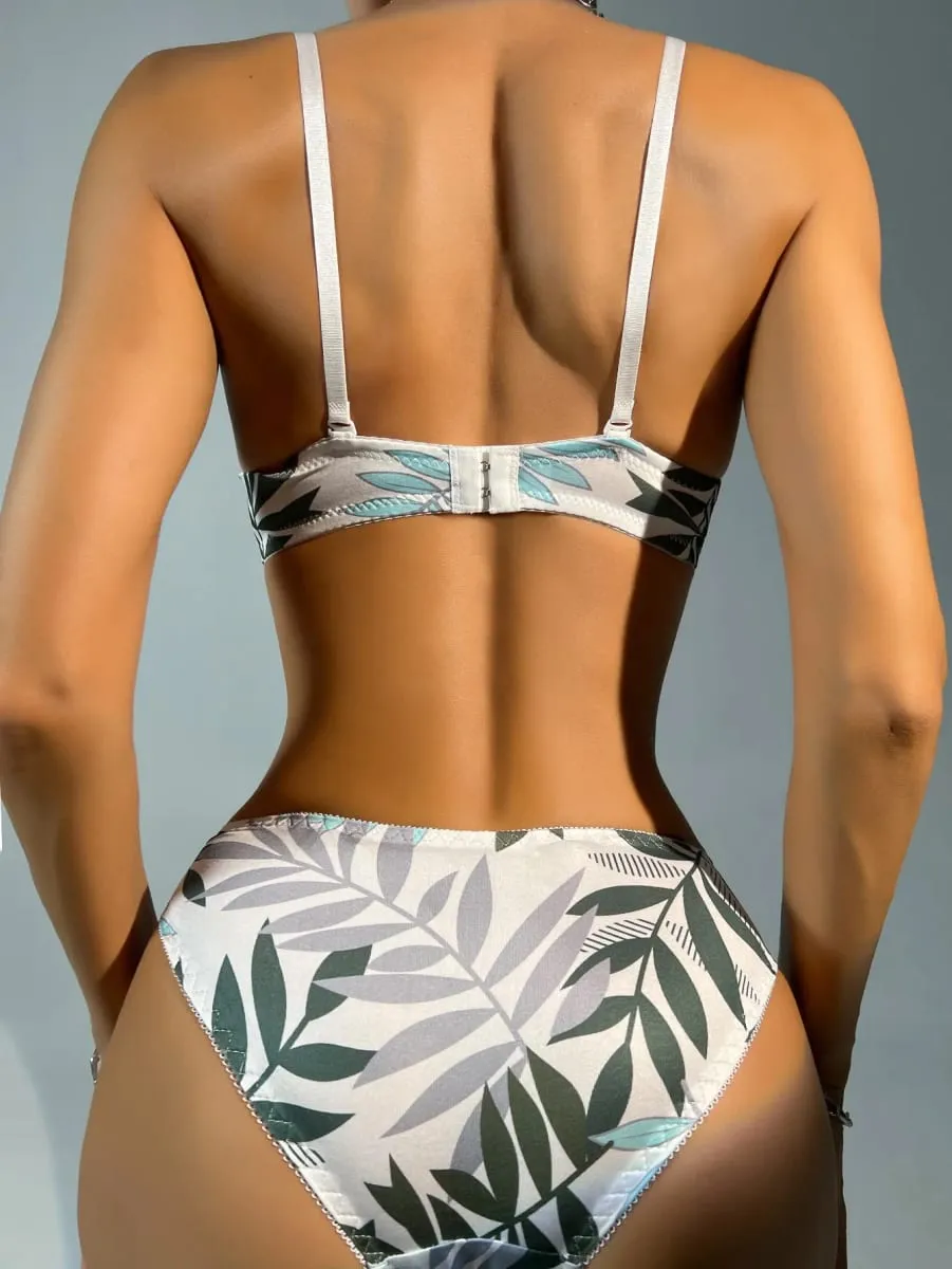 Women's Sexy Underwear Set Steel Ring Pull Gathering 3/4 Cup Leaf Printed Underwear Underwear Set A2137 — image 5