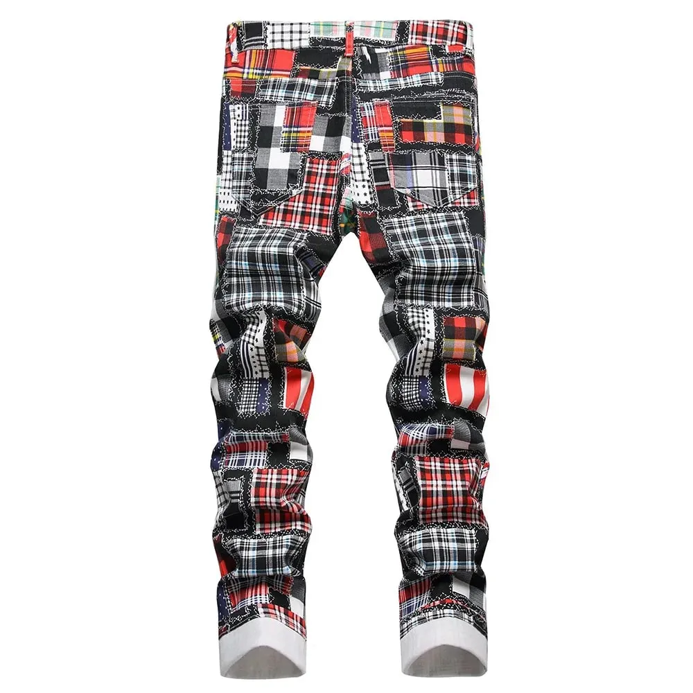Men Plaid Digital Print Jeans Fashion Patches Patchwork Stretch Denim Pants Slim Straight Trousers — image 2
