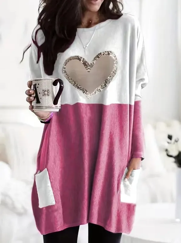 2024 Plus Size Europe And The United States Autumn Love Printed Round Neck Loose Color Contrast Long Sleeve T-Shirt Women — image 10