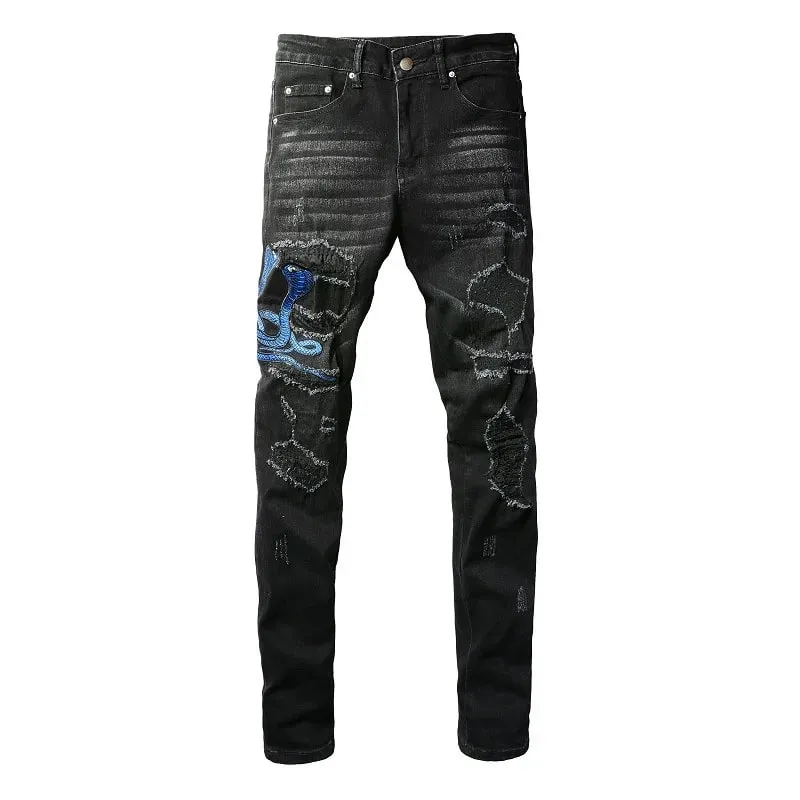 Men Snake Embroidery Jeans Streetwear Leather Patch Stretch Denim Skinny Pants Holes Ripped Distreesed Pencil Trousers — image 2
