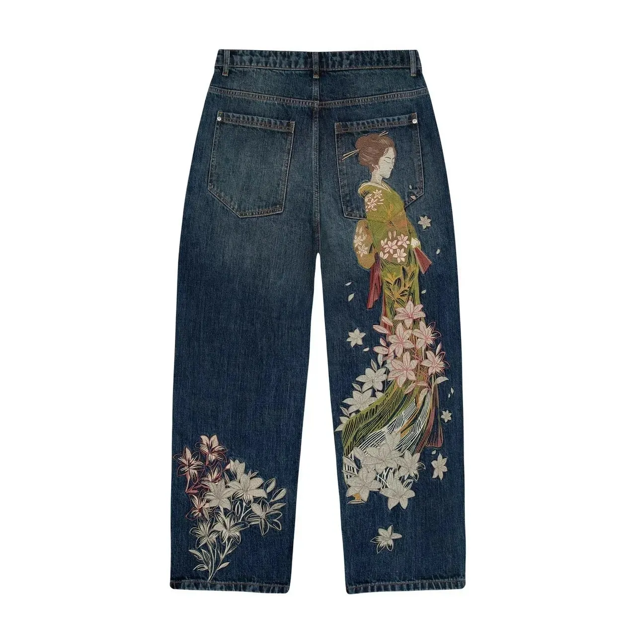 Y2K Harajuku jeans Goth vintage plum blossom embroidery pattern wide leg pants men women denim fabric American style street wear — image 11