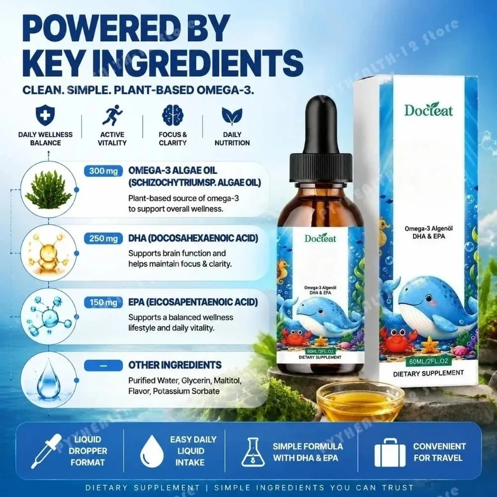 Docteat óleo de algas ômega-3 à base de plantas DHA EPA gotas líquidas crianças saúde do cérebro vegano não-OGM nutrição diária laranja 60 porções
