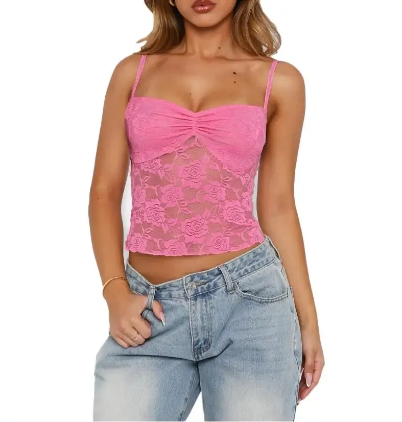 Baju Atasan Cami Renda Musim Panas Wanita Tanpa Lengan Ruched Depan Warna Pejal Kamisol Slim Fit Tank Top — image 10