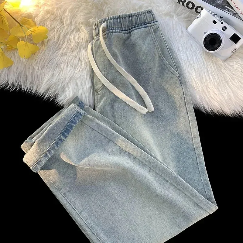 Casual Jeans Men's Baggy Straight Elastic Waist Drawstring Korea Fashion Male Vintage Denim Trousers Streetwear 3XL — image 6