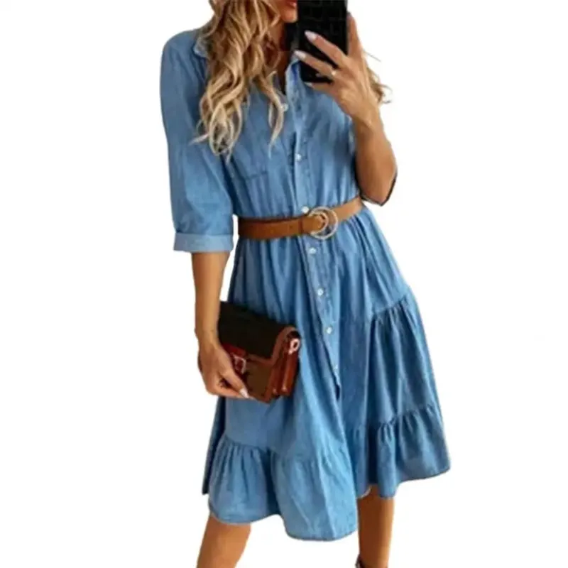 Denim Dress Three Quarter Sleeve with Belt Turn-down Collar Spring Autumn Buttons Ruffle Jeans Dresses for Women 2025