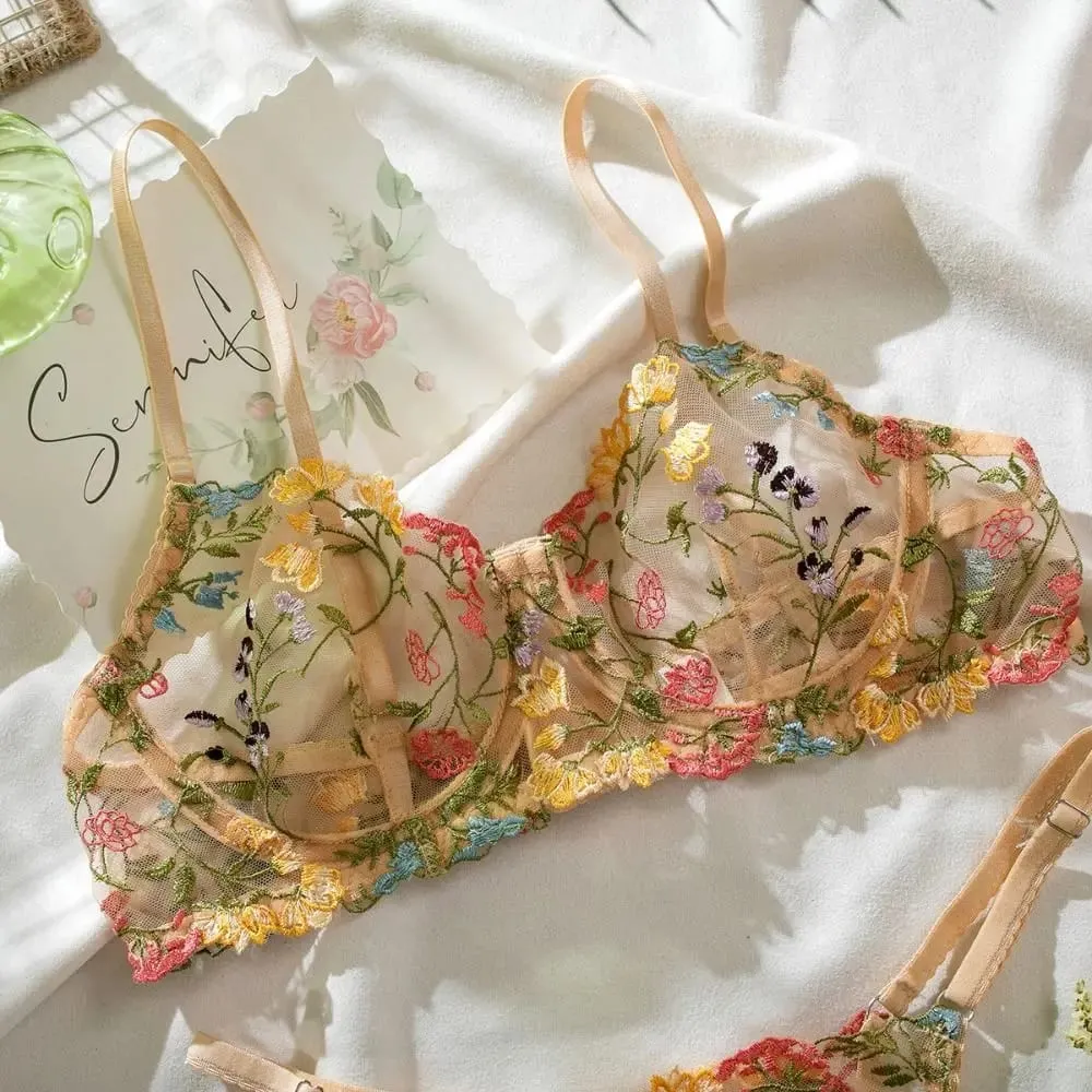 2-Piece Embroidery Lingerie Set Sexy Floral Sheer Wireless Bra Boho Bra Panty Set — image 6