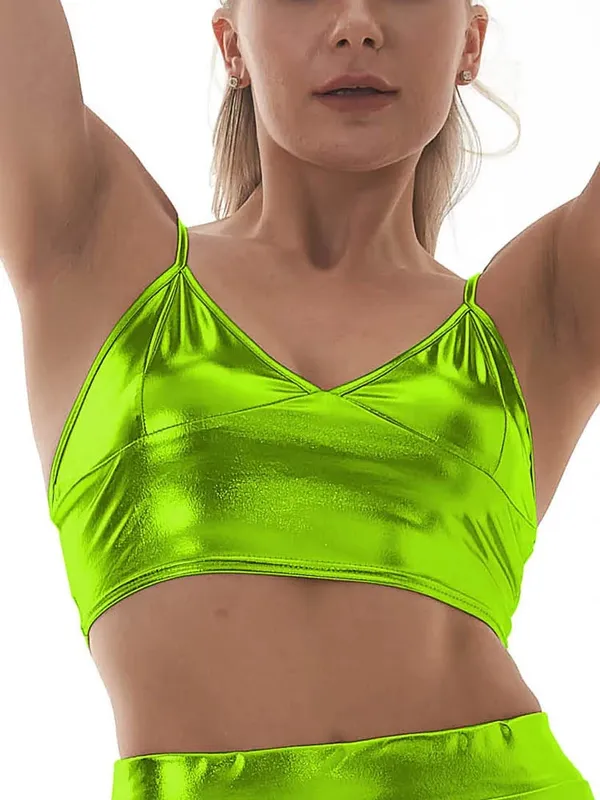 Women Holographic V Neck Metallic Tank Top Bustier Spaghetti Strap Crop Top Tight Sleeveless Cami Top Vest — image 14
