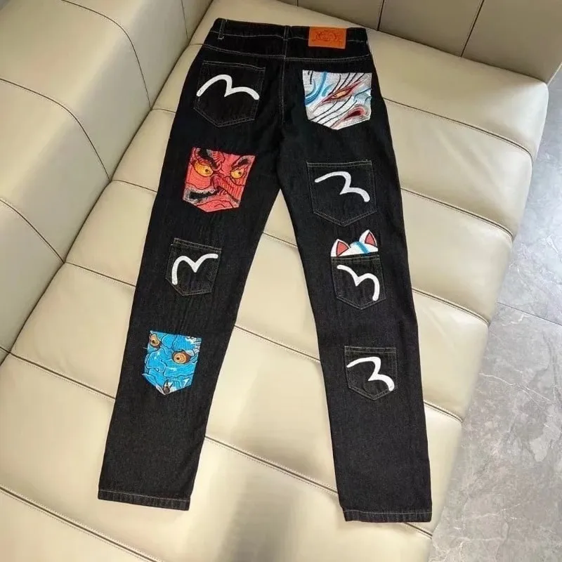Męskie dżinsy Harajuku Fortune God Print kilka kieszeni spodnie dżinsowe nowa odzież robocza spodnie Cargo casualowe w stylu Streetwear moda jesień nowość