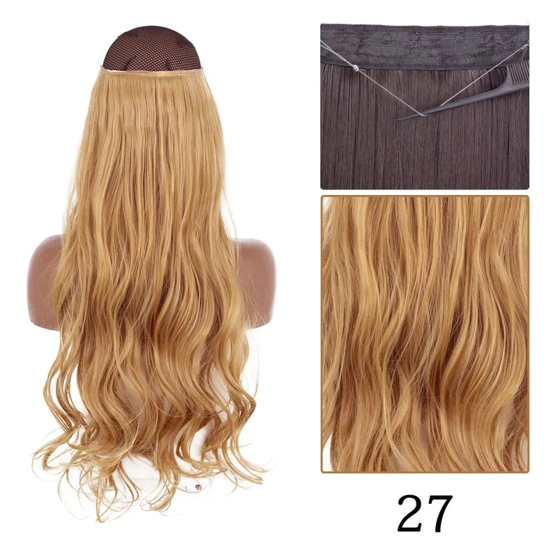 Synthetic No Clip Adjustable Fish Line Hair Extensions Natural Blonde Brown Long Wavy Heat Resiatant Hairpiece For Women