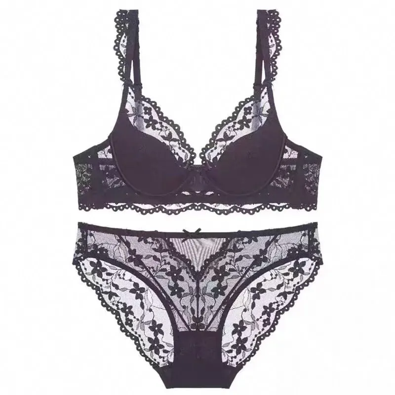 French Flutter Sleeve Lace Women Set Podprsenka Měkká kostice Tenká Prodyšná Sexy Minimizer Krása zadní prádlo 32‑38 AB