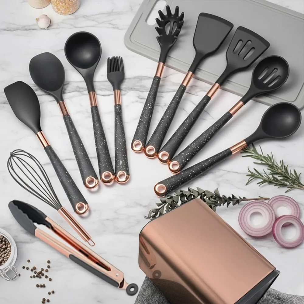 Silicone Cooking Utensils Set Non-Scratch Non-Stick Heat Resistant Spatula Spoon Rose Gold Handle With Bucket Kitchen Gift — image 3