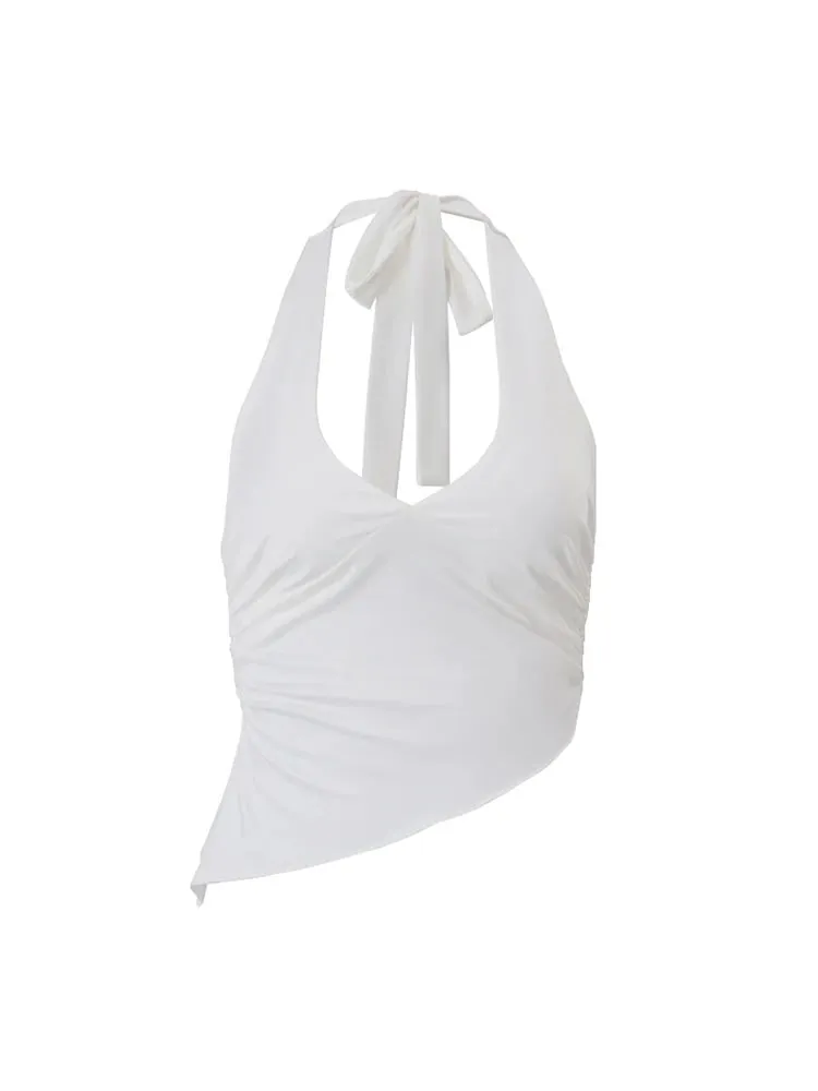 Casual Solid Women Halter Crop Top Y2K Elegant V neck Sleeveless Fold Summer Tees Formal Streetwear Sporty Female Vest — image 7