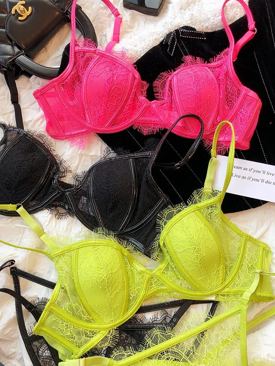 Summer Color Lace Underwear Set Sexy Thin Cup Breathable Bras Women Hollow Panties Set Female Deep V Push Up Brassiere Lingerie — image 2
