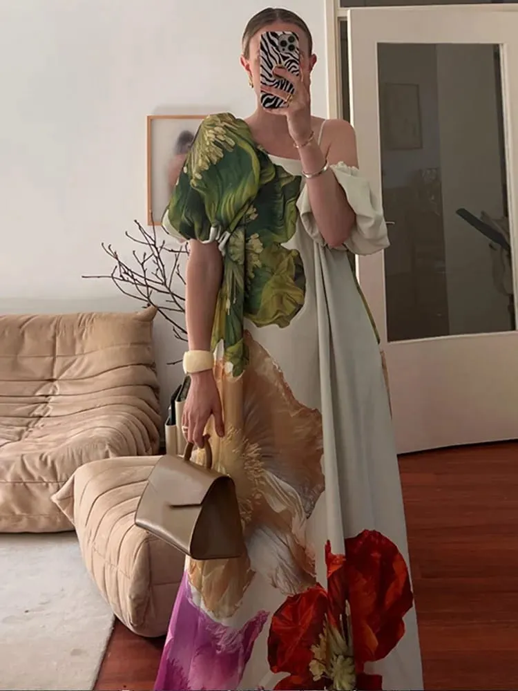 Women's Casual Printed Camisole Dress Fashionable Sloping Collar Off Shoulder Loose Dresses 2025 Summer Street New Outfit — image 4