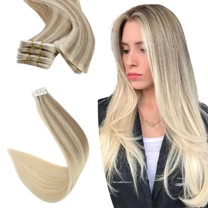 [12 Months] Invisible Seamless Injection Tape Hair Extensions Virgin Hair Whitest Blonde 10A Quality Long Uselife