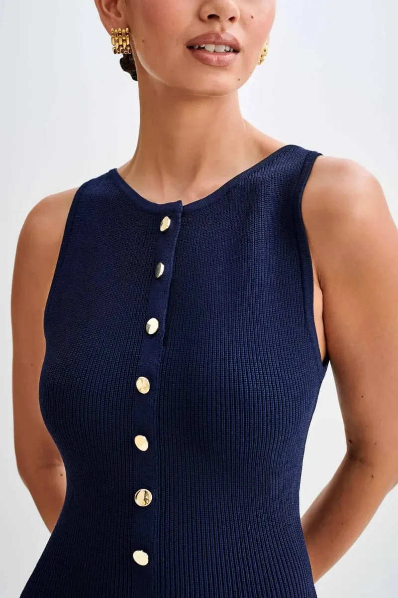 2024 Summer Elegant Lady Knitted Single Breasted Long Dresses Women Solid Sleeveless O Neck Button Bodycon Party Female Vestidos — image 6