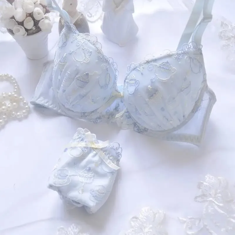 Japanese White Blue Underwire Lolita Embroidered Thin Cup Girl Cute Push Up Sexy Lingerie Bra Set D E — image 2