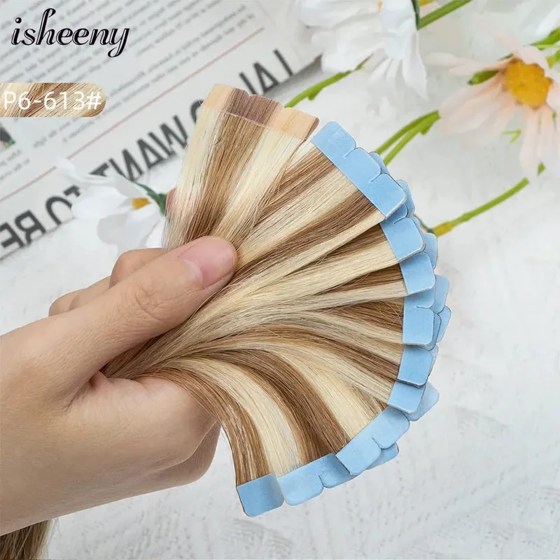 Blonde Mini Tape in Human Hair Extensions 12-24 Inches Seamless Adhesive Tape Hair on Glue 10pcs/pack Natural Straight Hair